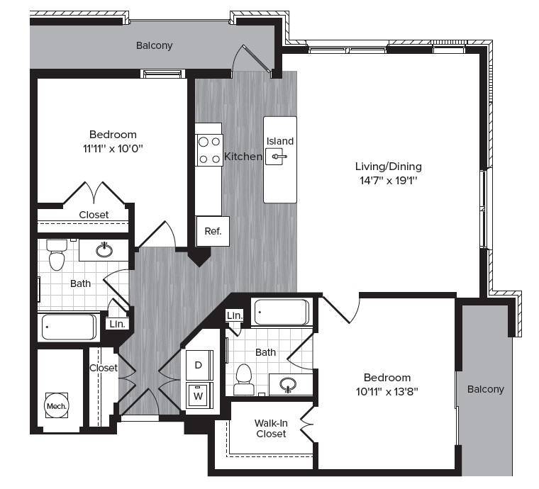 Floor plan for 2 beds, 2 baths, 1055 sqft